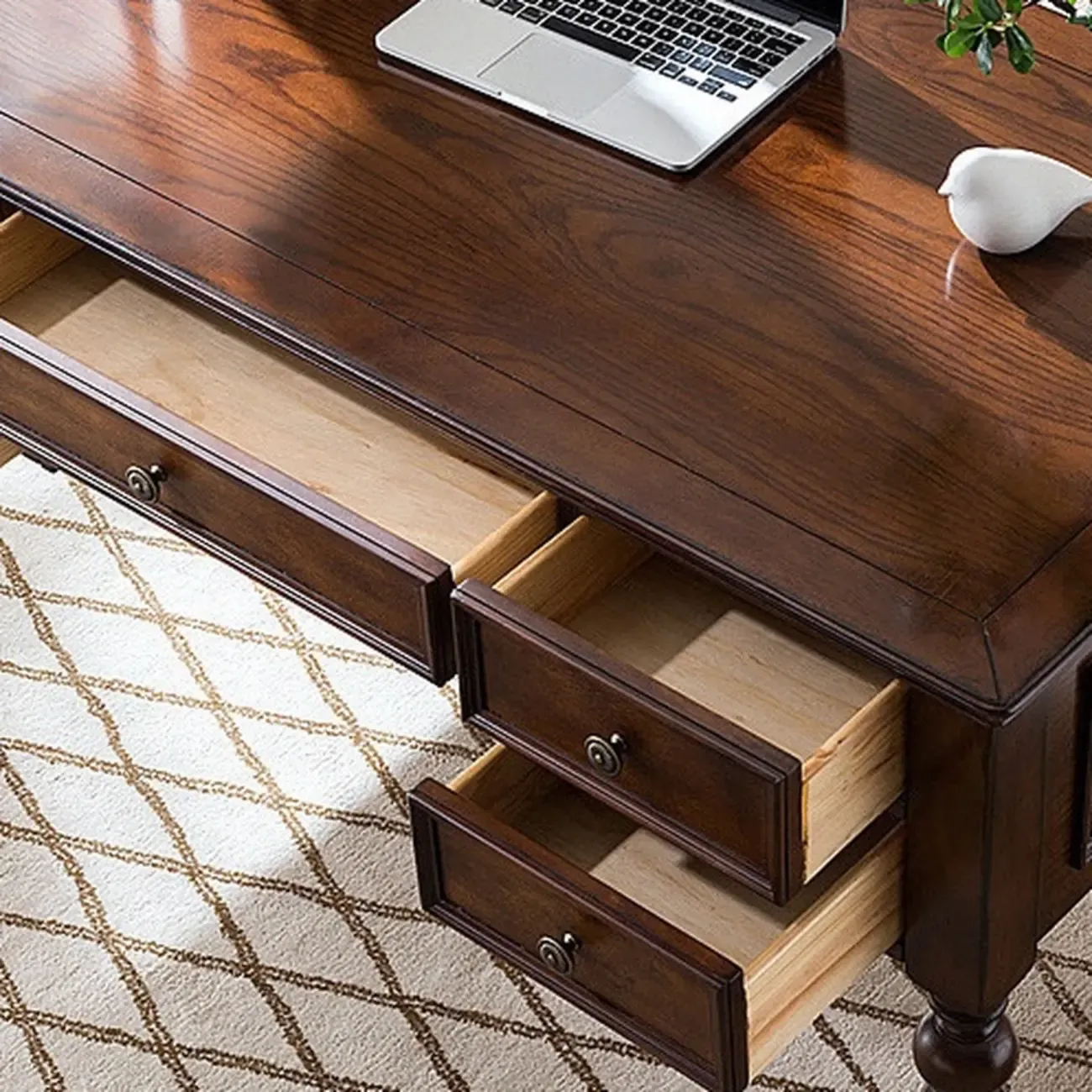 63" Classical Wooden Rectangular Writing Desk with 5 Drawers Image - 6
