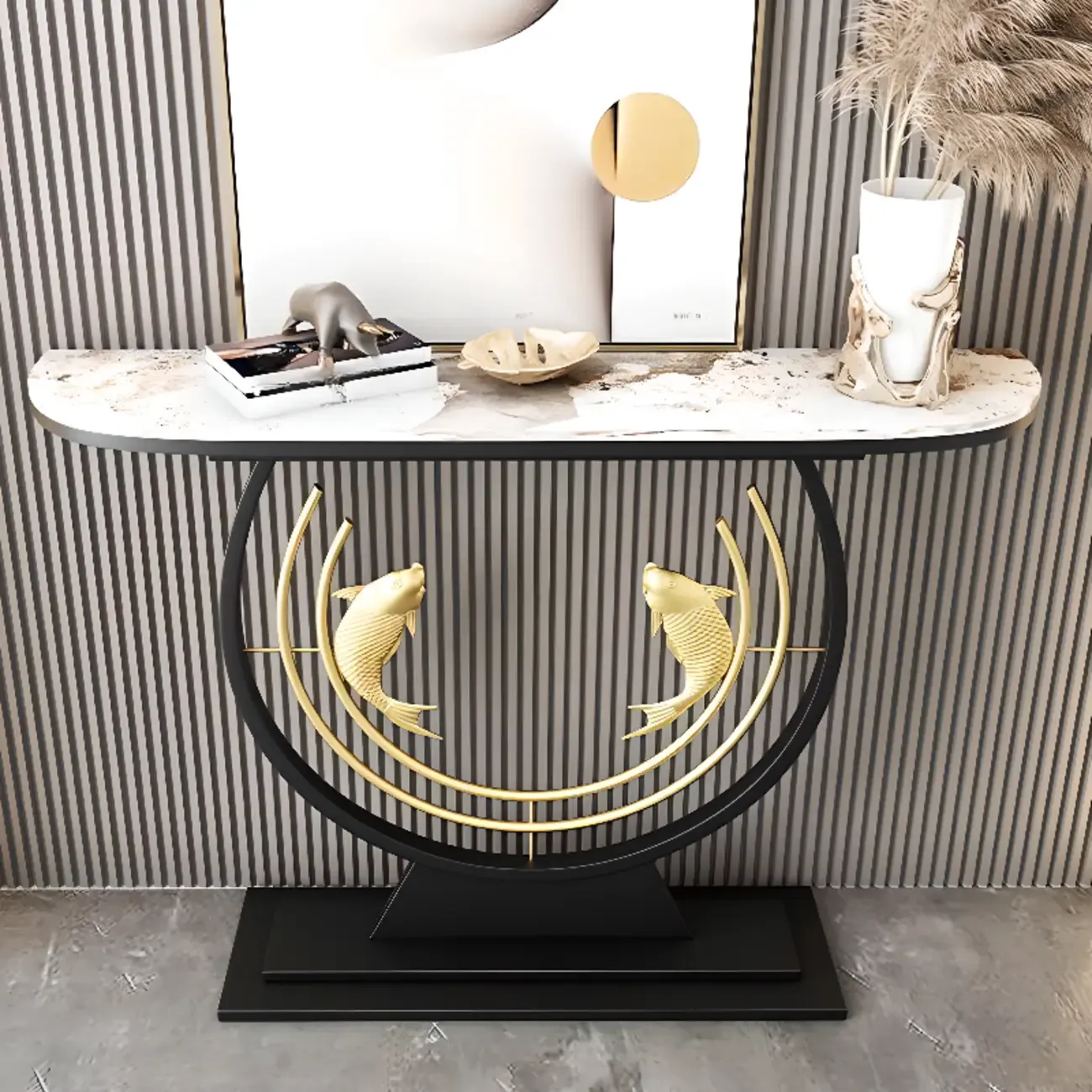 Modern Marble and Metal Black Curved Console Table Image - 1