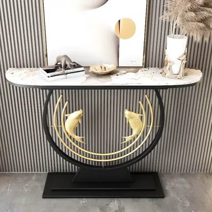 Modern Marble and Metal Black Curved Console Table Image - 1