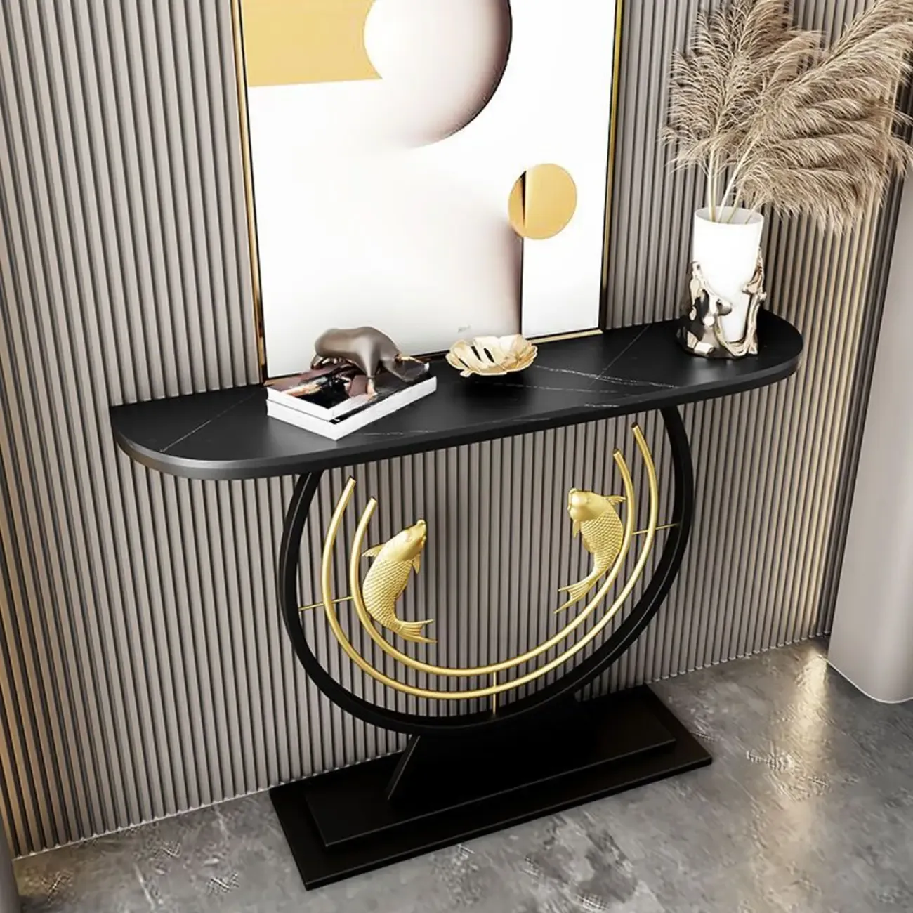 Modern Marble and Metal Black Curved Console Table Image - 2