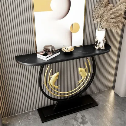 Modern Marble and Metal Black Curved Console Table Image - 2