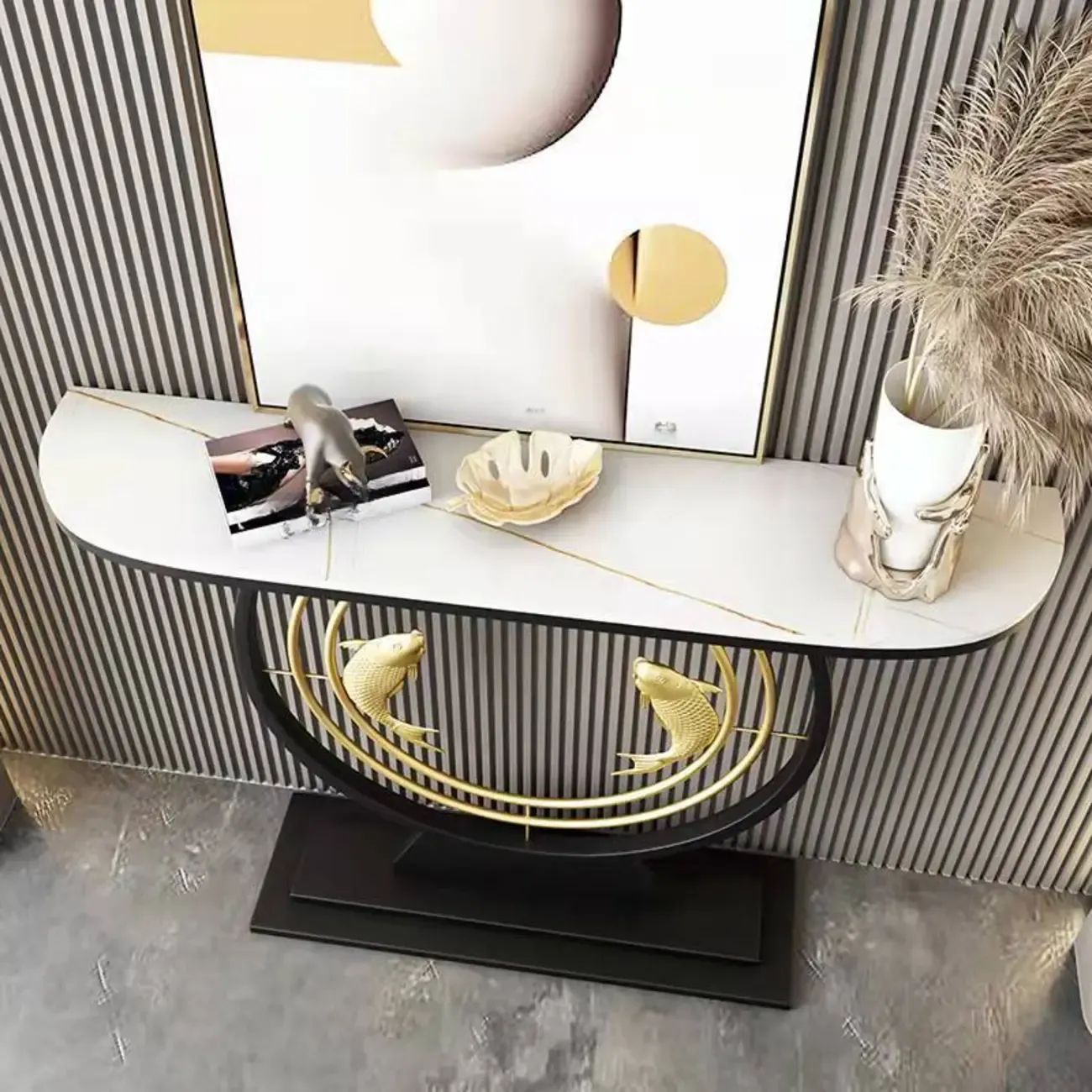 Modern Marble and Metal Black Curved Console Table Image - 4