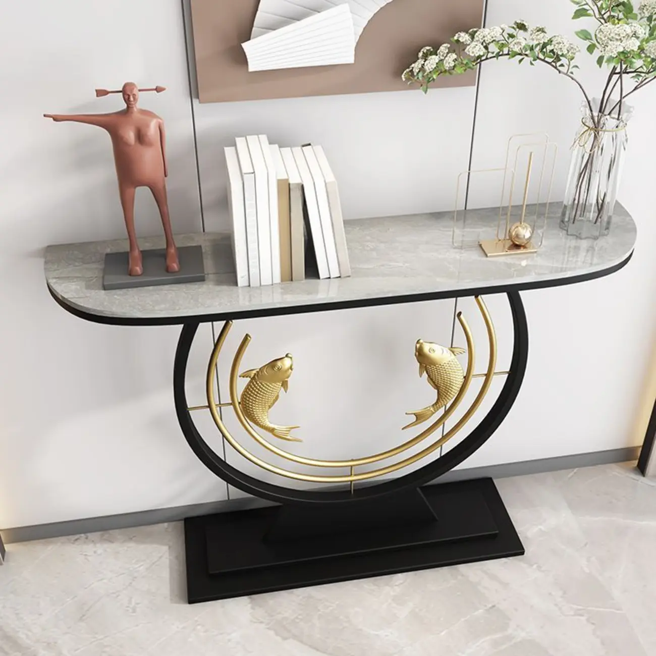 Modern Marble and Metal Black Curved Console Table Image - 5 | homeyfad