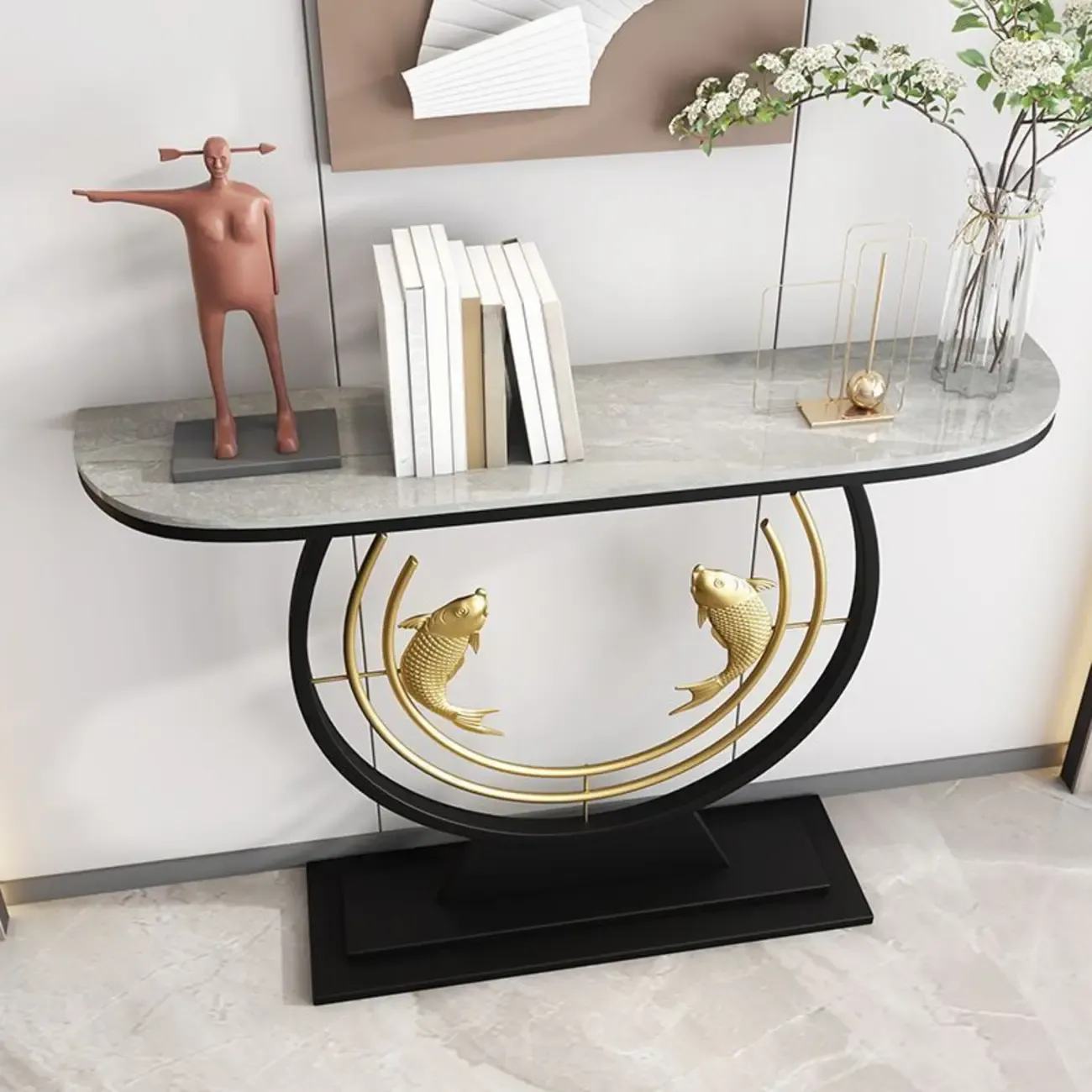 Modern Marble and Metal Black Curved Console Table Image - 5