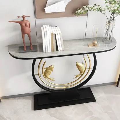 Modern Marble and Metal Black Curved Console Table Image - 5