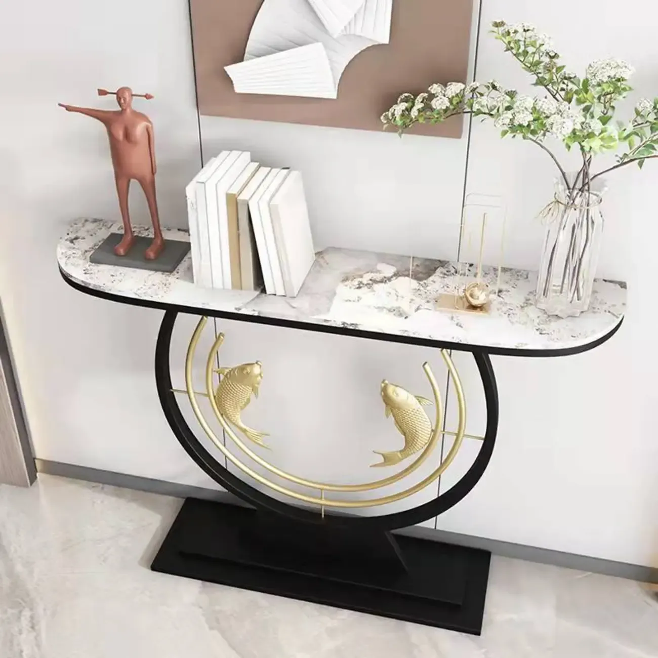 Modern Marble and Metal Black Curved Console Table Image - 6