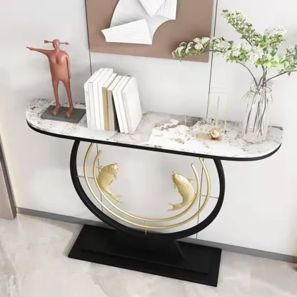 Modern Marble and Metal Black Curved Console Table Image - 6