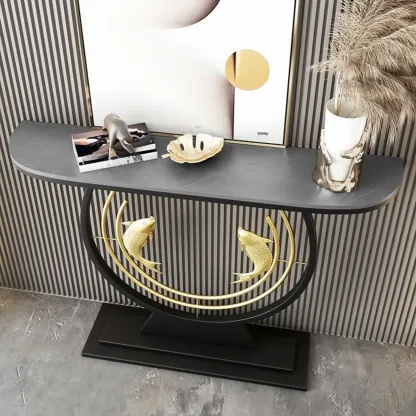 Modern Marble and Metal Black Curved Console Table Image - 7