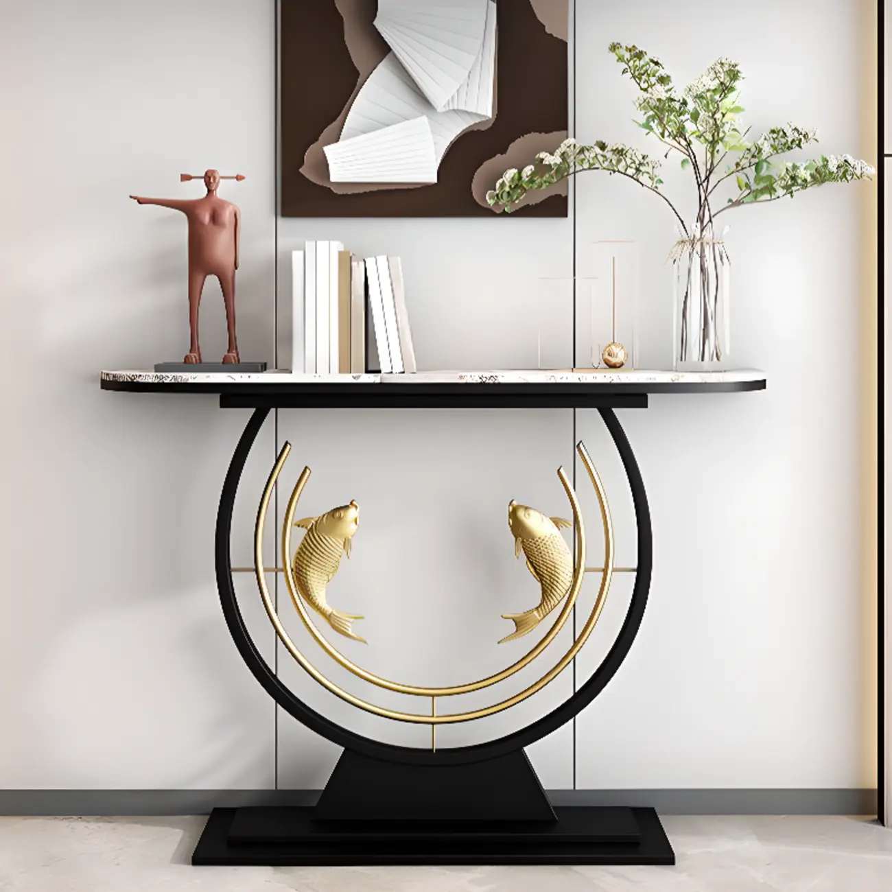Modern Marble and Metal Black Curved Console Table Image - 8 | homeyfad