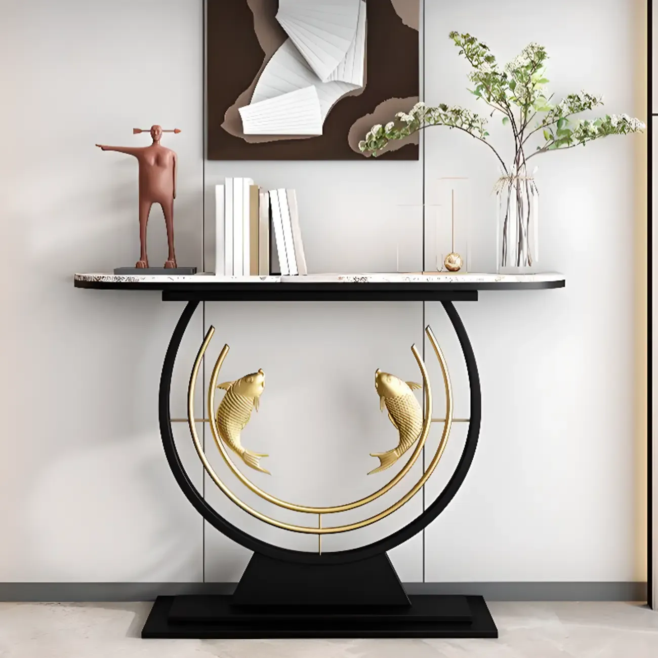 Modern Marble and Metal Black Curved Console Table Image - 8