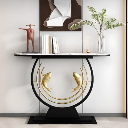 Modern Marble and Metal Black Curved Console Table Image - 8