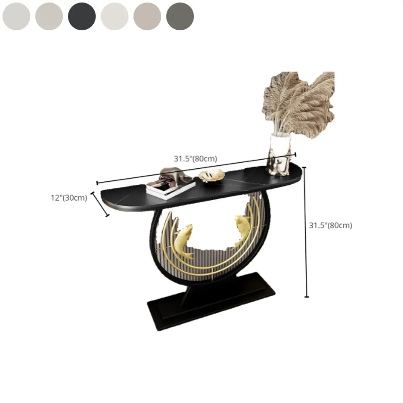 Modern Marble and Metal Black Curved Console Table #size