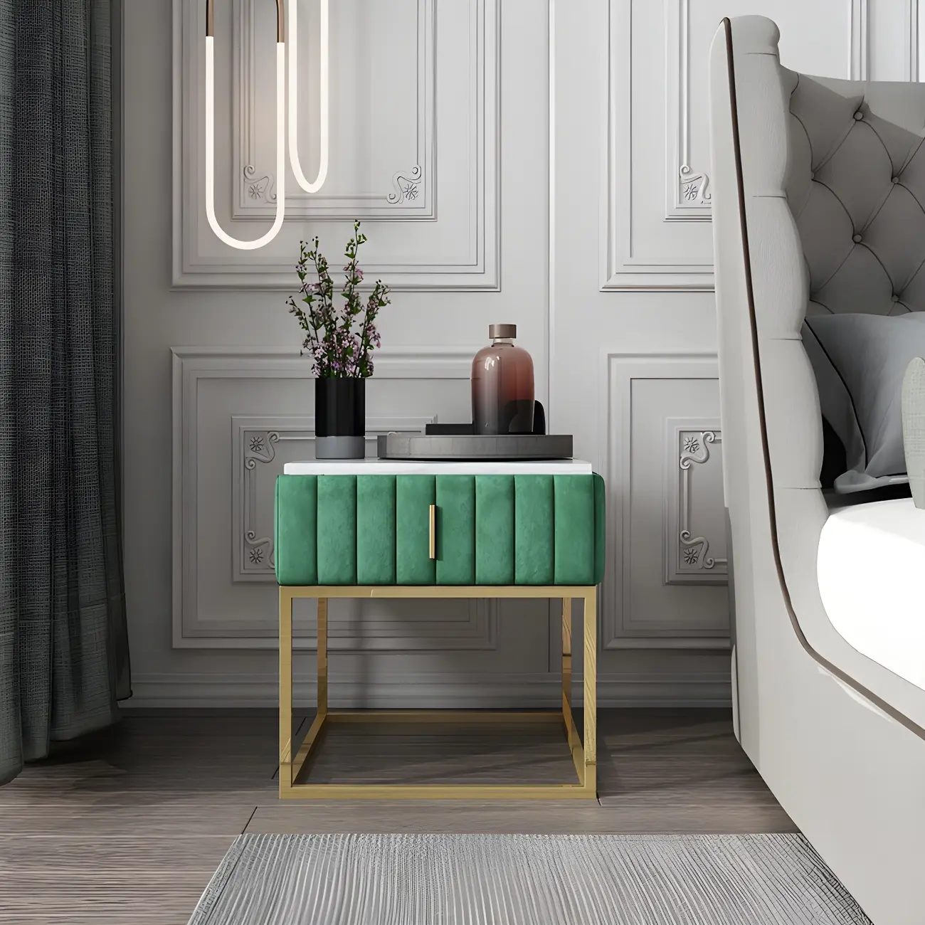 Luxury Green Bedside Table with Marble Top Drawers Storage Metal Leg Image - 5 | homeyfad