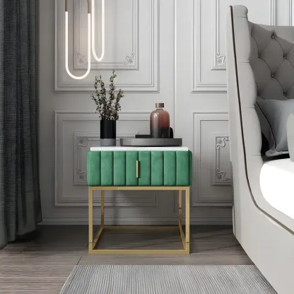 Luxury Green Bedside Table with Marble Top Drawers Storage Metal Leg Image - 5