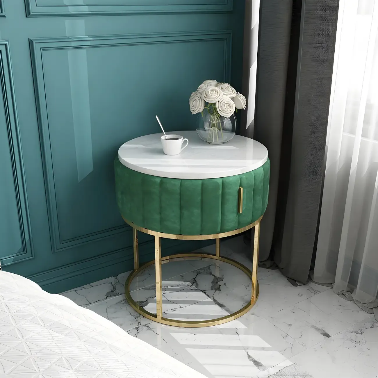 Luxury Green Bedside Table with Marble Top Drawers Storage Metal Leg Image - 8