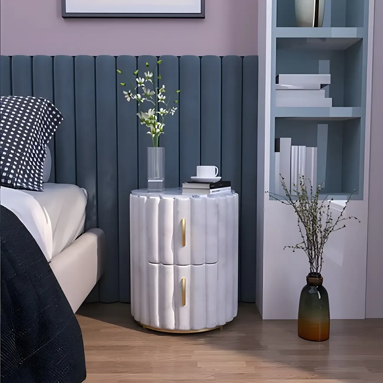 Luxury Green Bedside Table with Marble Top Drawers Storage Metal Leg Image - 13