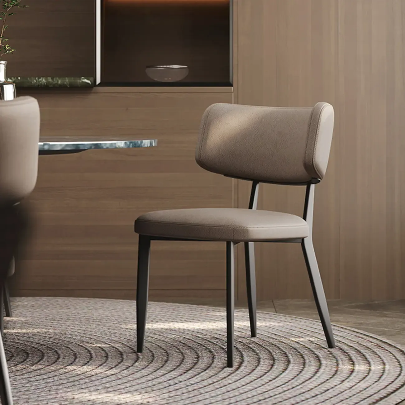 Modern Curved Back Faux Leather Upholstered Metal Dining Chair Image - 1