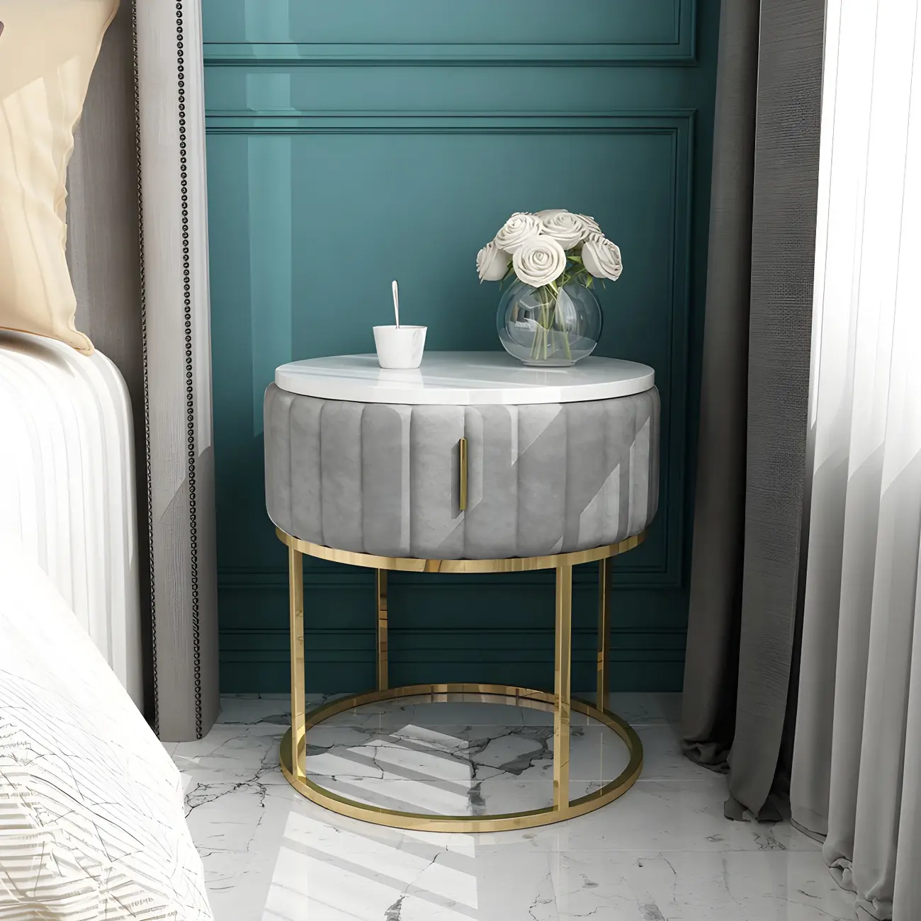 Luxury Green Bedside Table with Marble Top Drawers Storage Metal Leg Image - 10 | homeyfad