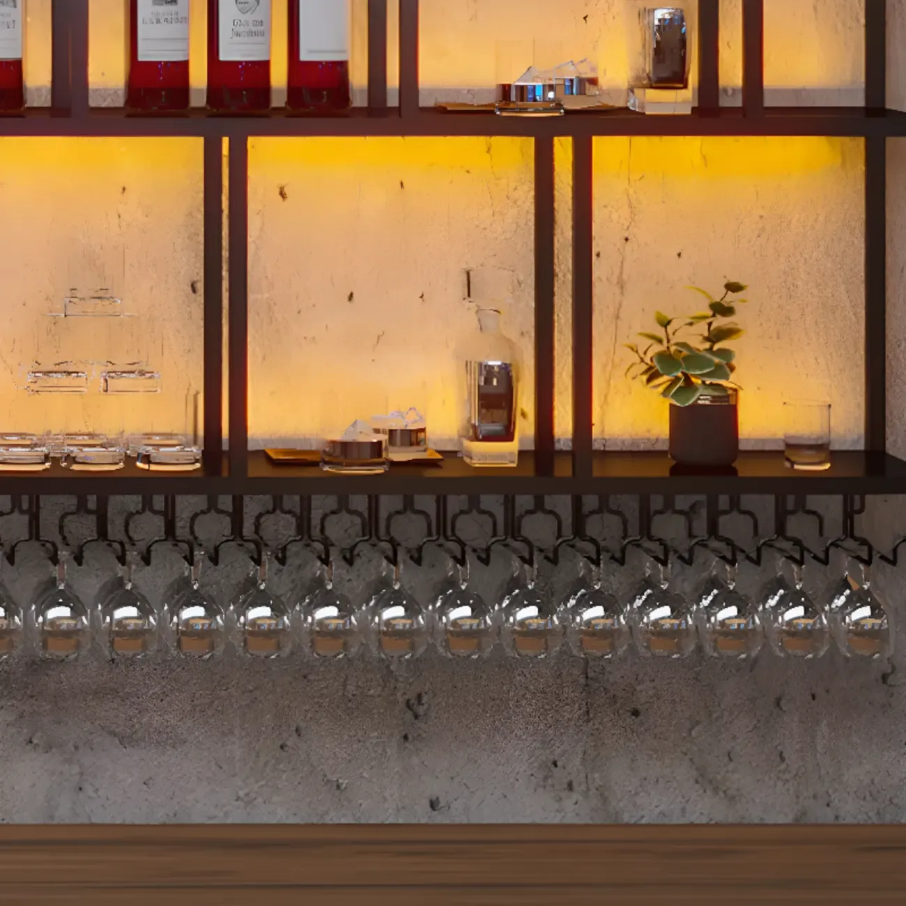 Rectangular Metal Wine Rack Wall Mounted Lighting Included Image - 21