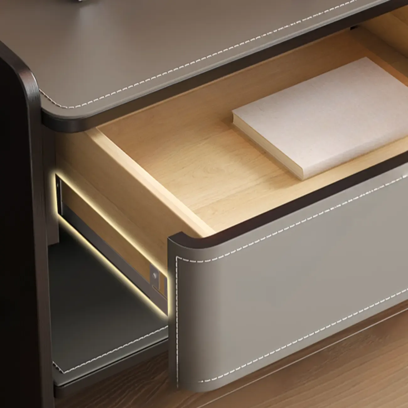 Modern Wood Frame Nightstand with Leather Top Drawer Storage Image - 8