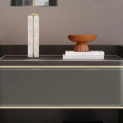 Modern Wood Frame Nightstand with Leather Top Drawer Storage Image - 9