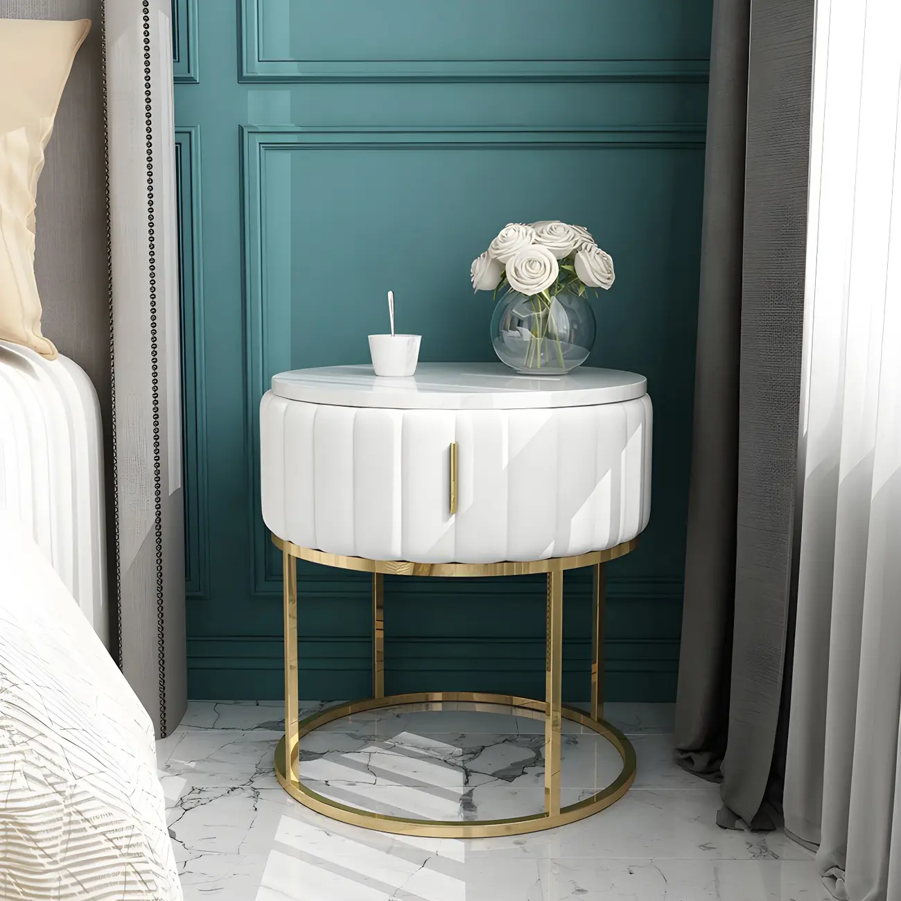 Luxury Green Bedside Table with Marble Top Drawers Storage Metal Leg Image - 9 | homeyfad