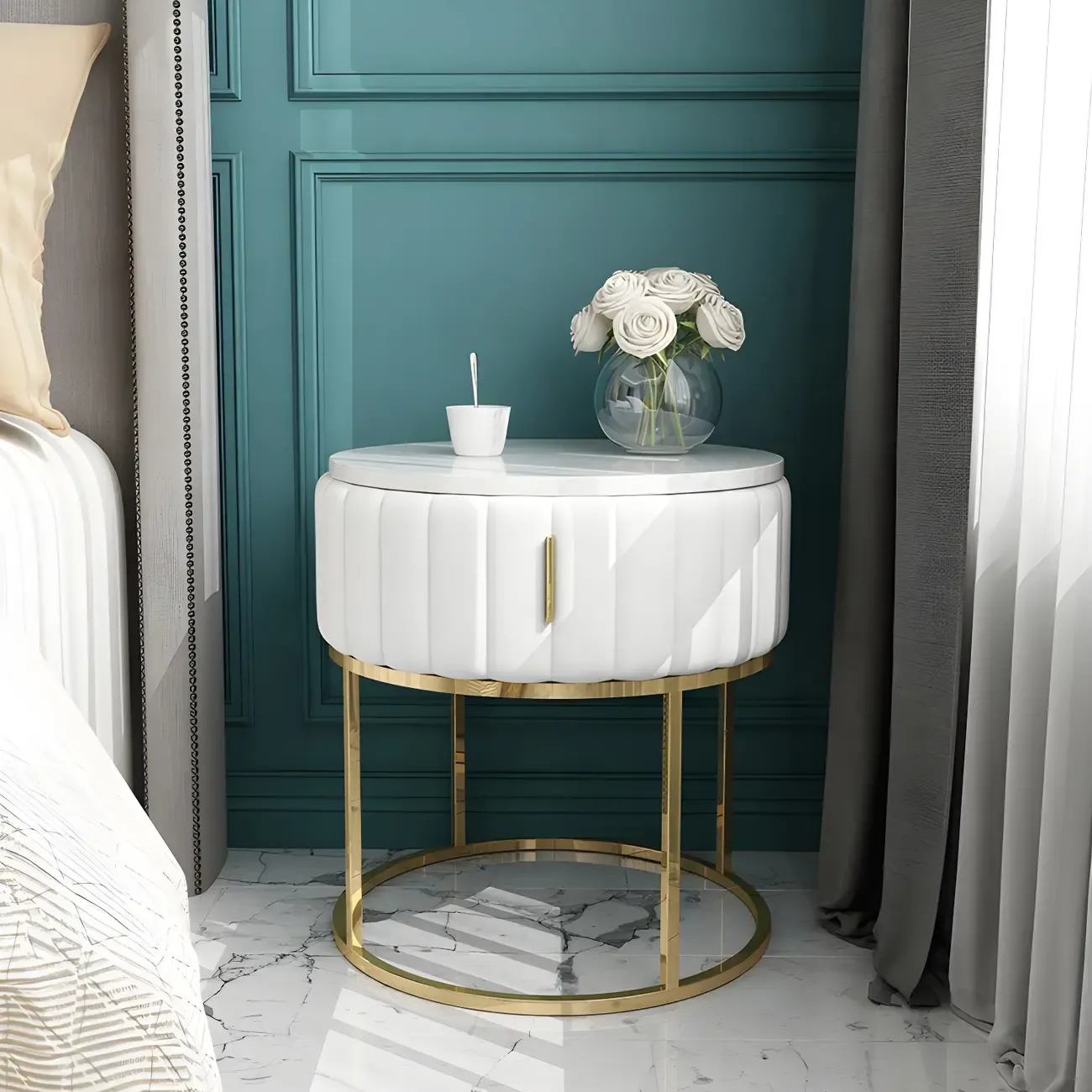 Luxury Green Bedside Table with Marble Top Drawers Storage Metal Leg Image - 9