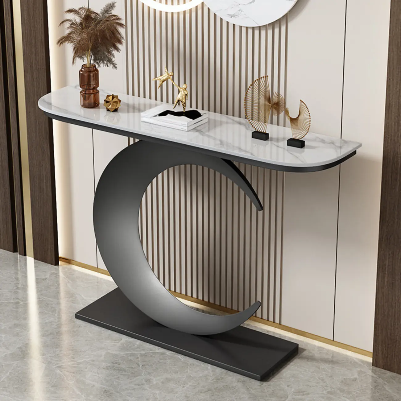 Glam Stone Top Console Table with C-Shaped Metal Base Image - 1 | homeyfad