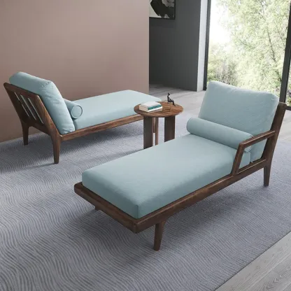 Solid Wood Flannel Blue Upholstered Chaise Lounge with Reclining Back and Pillow Set Image - 1