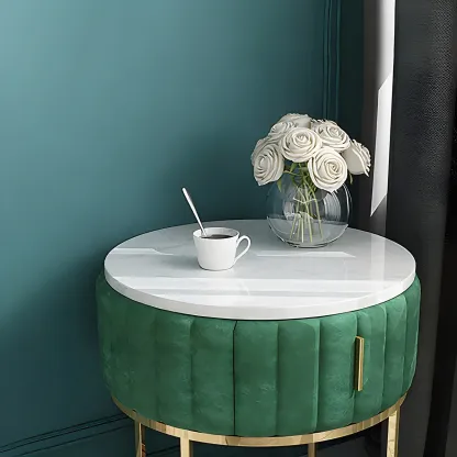 Luxury Green Bedside Table with Marble Top Drawers Storage Metal Leg Image - 16