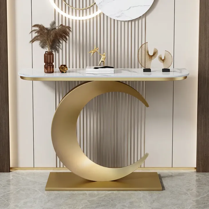 Glam stone Top Console Table with C-shaped Metal Base