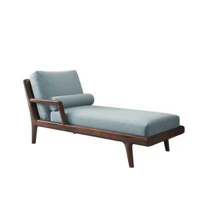 Solid Wood Flannel Blue Upholstered Chaise Lounge with Reclining Back and Pillow Set Image - 2