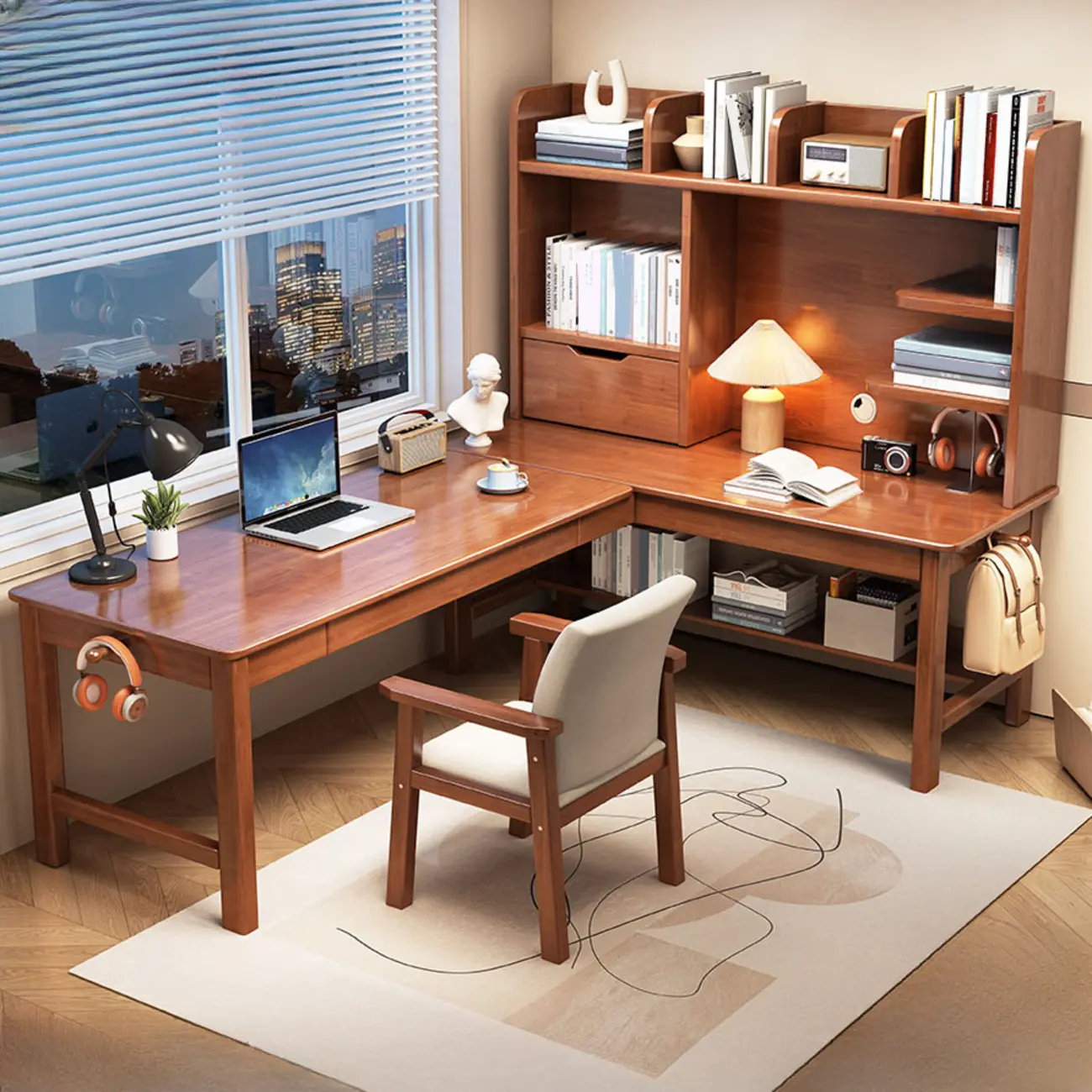 63" L-Shape Wooden Writing Desk with Hutch, Drawer and Shelves  Image - 1 | homeyfad