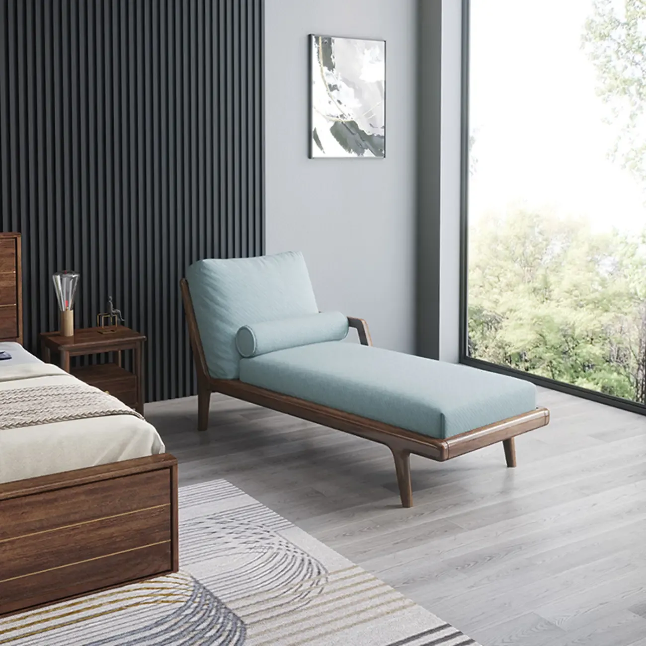 Solid Wood Flannel Blue Upholstered Chaise Lounge with Reclining Back and Pillow Set Image - 3