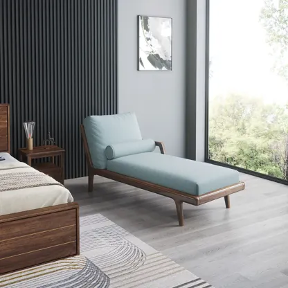 Solid Wood Flannel Blue Upholstered Chaise Lounge with Reclining Back and Pillow Set Image - 3