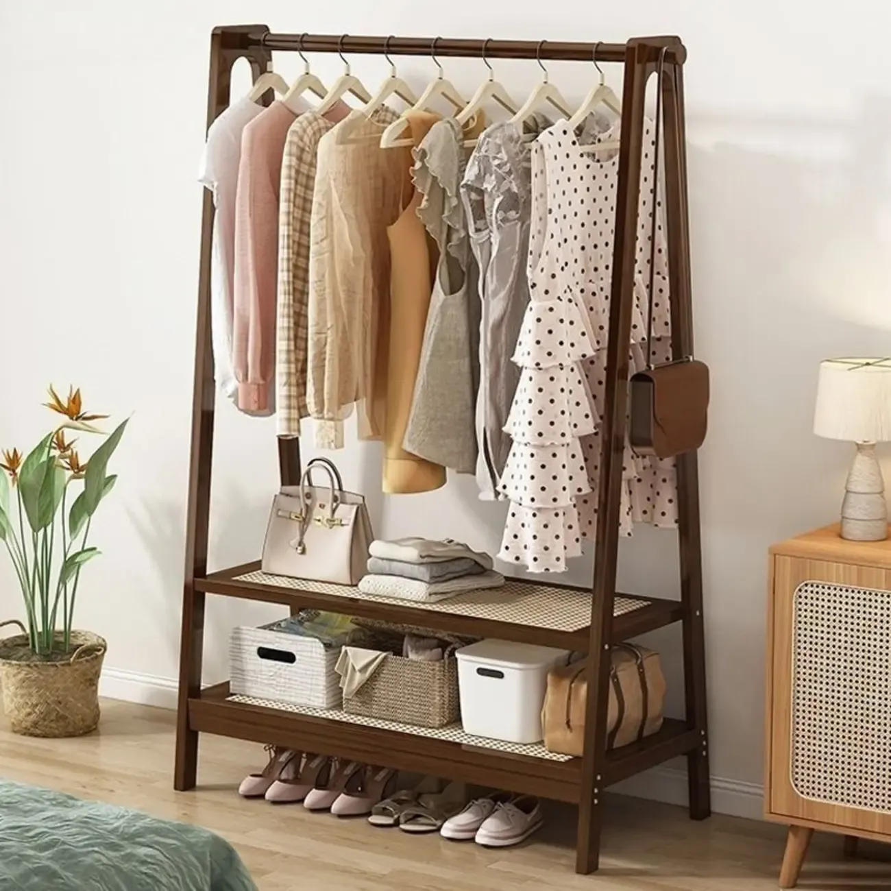 Modern Bamboo Coat Rack with Storage & Shelf Image - 2