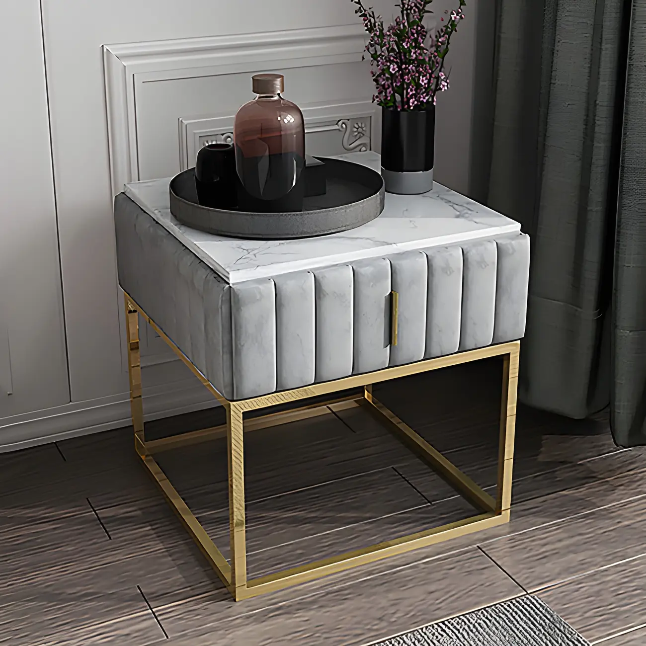 Luxury Green Bedside Table with Marble Top Drawers Storage Metal Leg Image - 6 | homeyfad
