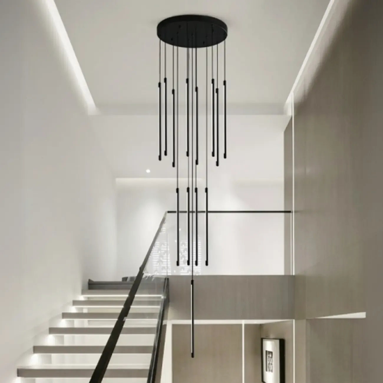 Minimalist Golden Black Cluster Linear Hanging Light for Staircase Image - 8