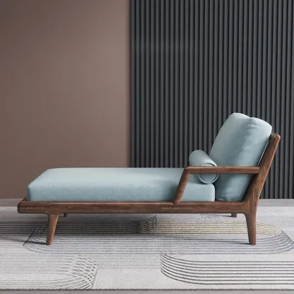 Solid Wood Flannel Blue Upholstered Chaise Lounge with Reclining Back and Pillow Set Image - 4