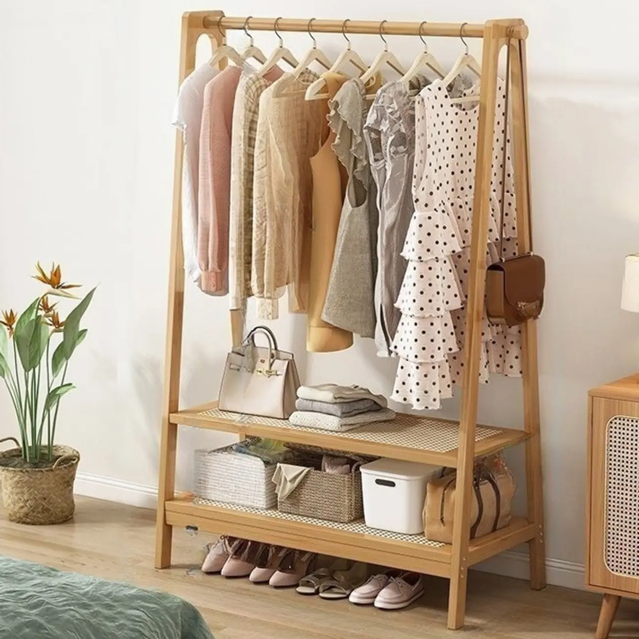 Modern Bamboo Coat Rack with Storage & Shelf Image - 3 | homeyfad
