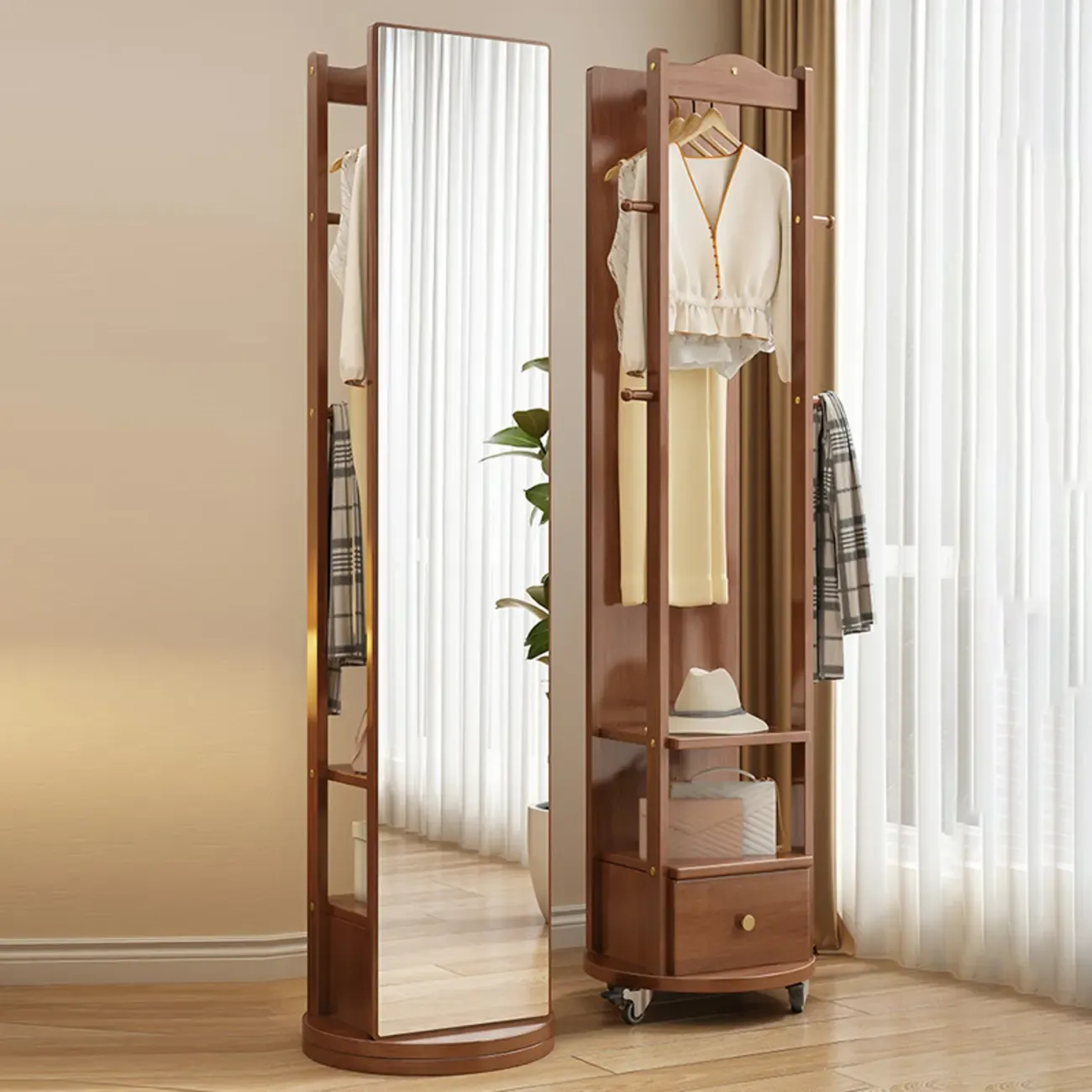 Modern Wooden Hall Tree with Mirror & Storage Image - 1