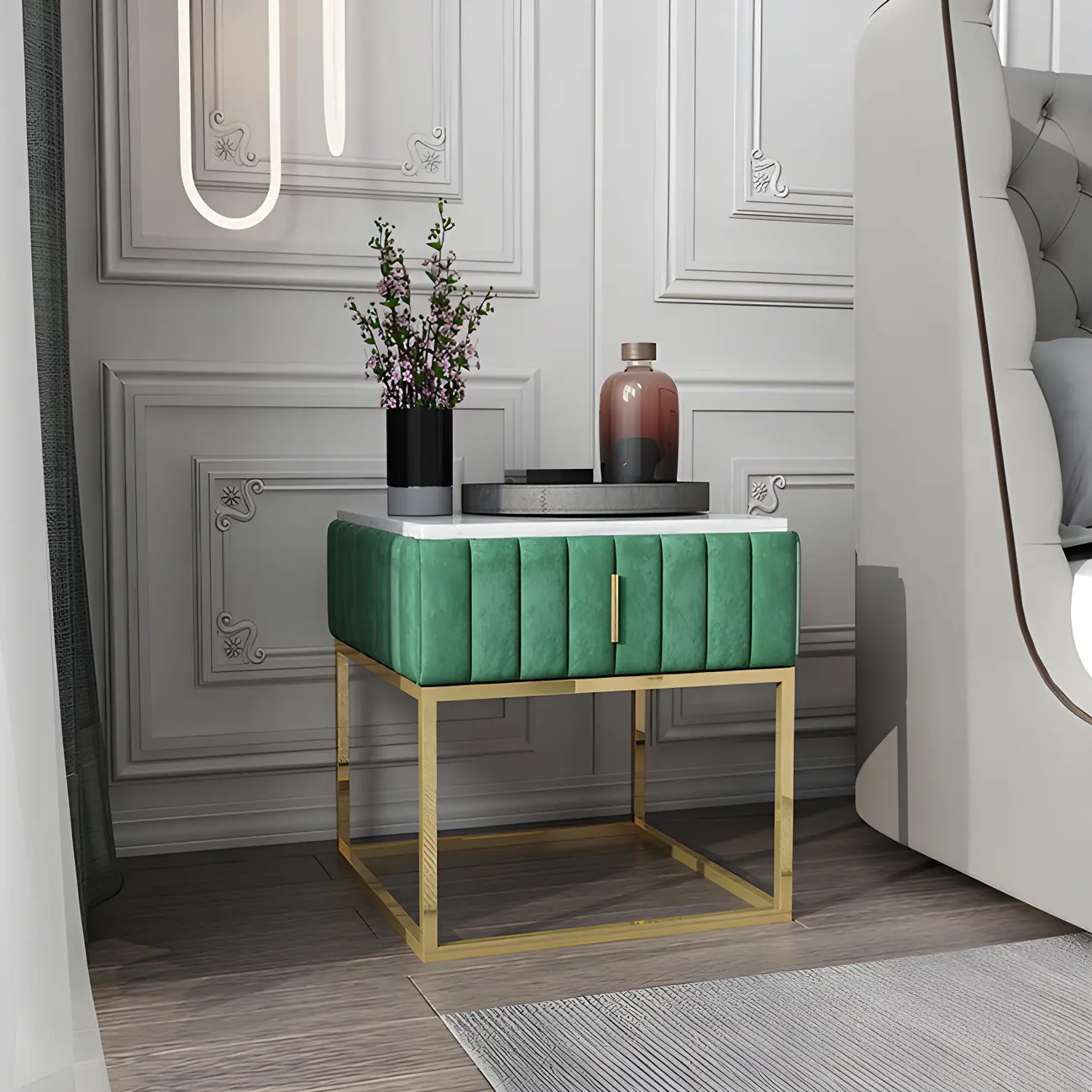 Luxury Green Bedside Table with Marble Top Drawers Storage Metal Leg Image - 4 | homeyfad