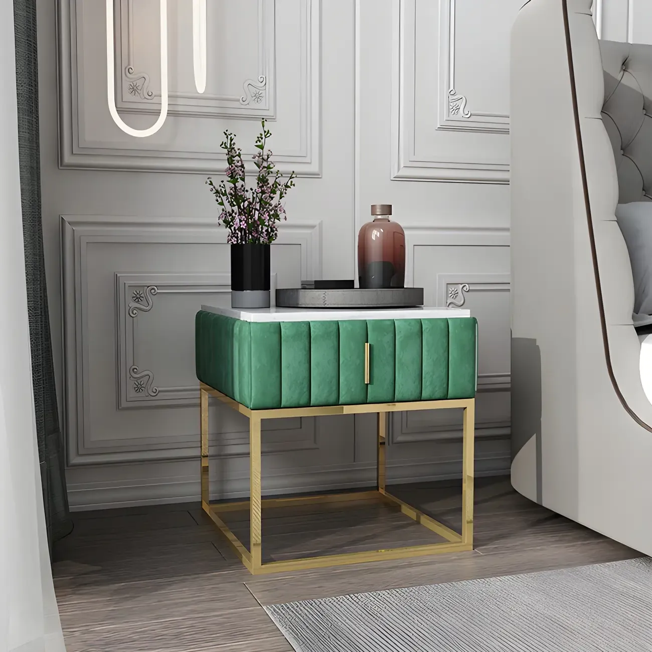 Glam Genuine Marble Nightstand with Drawers & Metal Base - HomeyFad