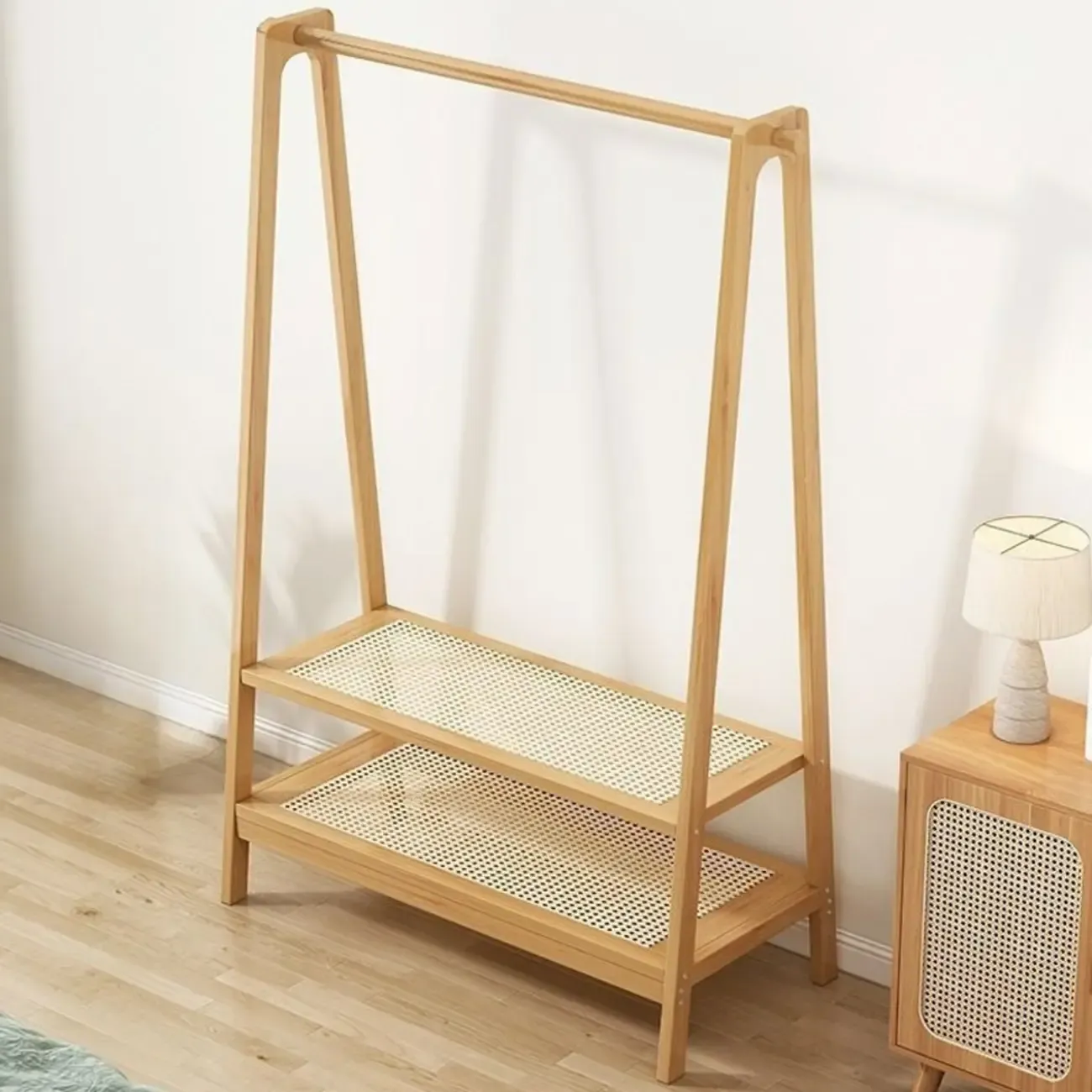 Modern Bamboo Coat Rack with Storage & Shelf Image - 4