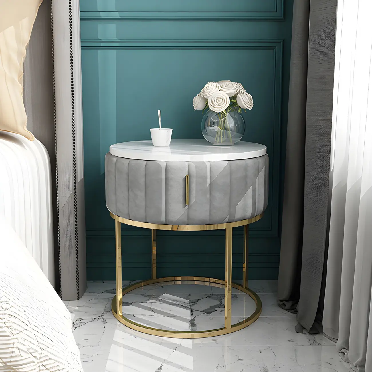 Luxury Green Bedside Table with Marble Top Drawers Storage Metal Leg Image - 18 | homeyfad
