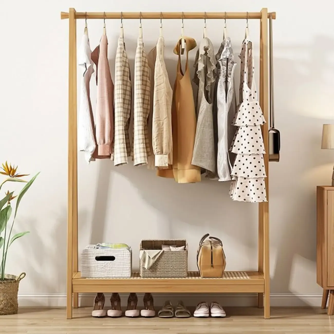 Modern Bamboo Coat Rack with Storage & Shelf Image - 5