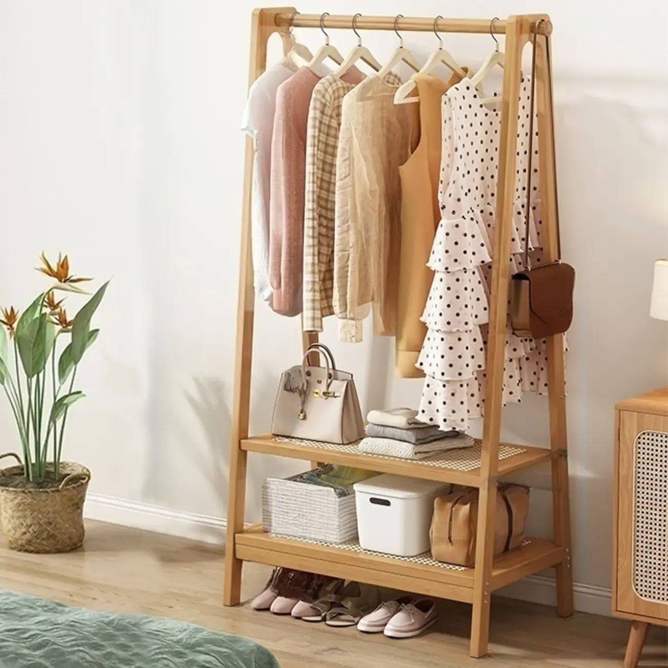 Modern Bamboo Coat Rack with Storage & Shelf Image - 6