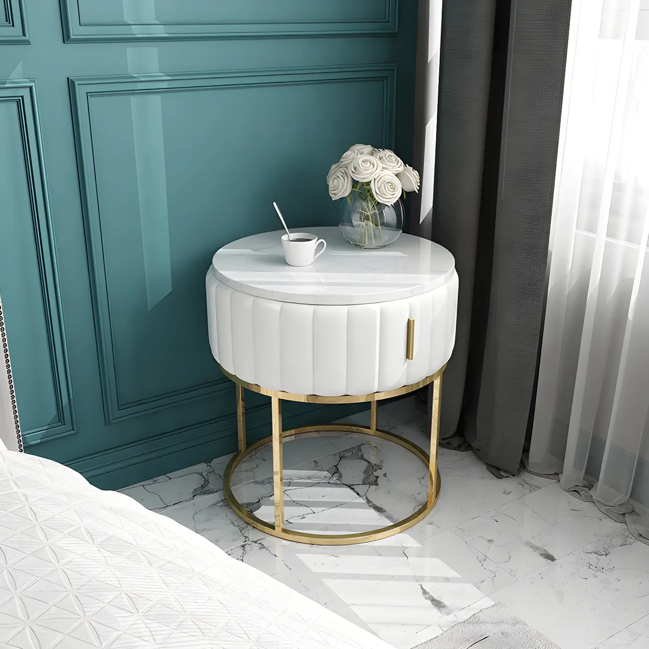 Luxury Green Bedside Table with Marble Top Drawers Storage Metal Leg Image - 1 | homeyfad