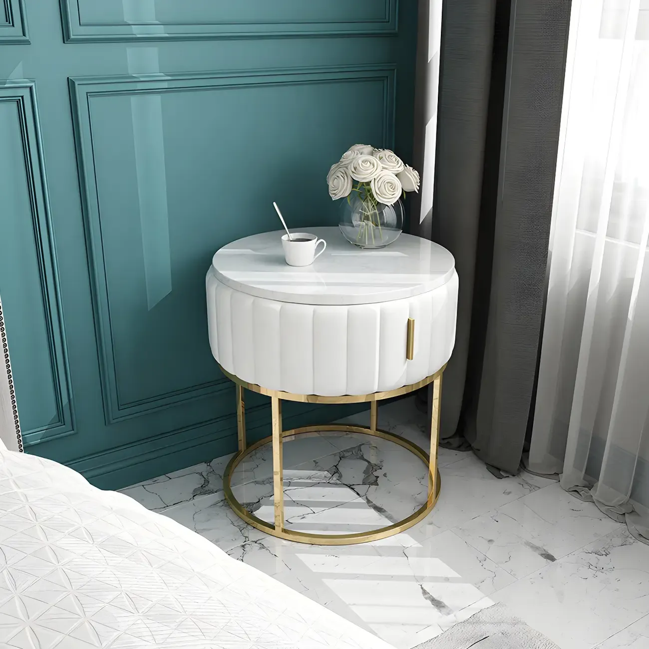 Luxury Green Bedside Table with Marble Top Drawers Storage Metal Leg Image - 1