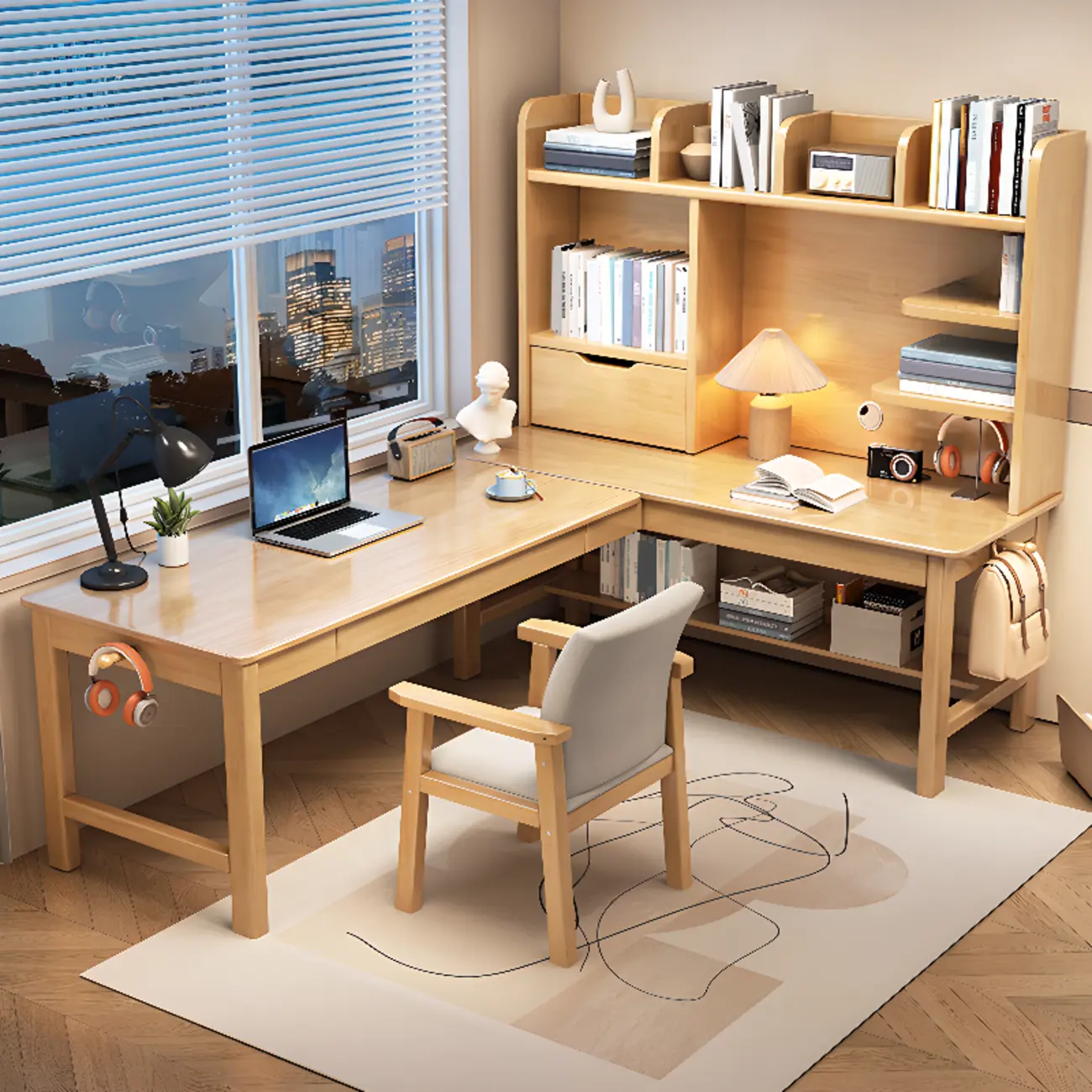 63" L-Shape Wooden Writing Desk with Hutch, Drawer and Shelves  Image - 6 | homeyfad